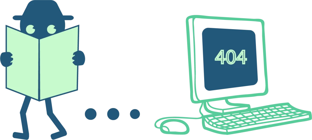 illustration d'un petit bonhomme qui se cache et qui s'éloigne d'un ordinateur sur lequel est affiché "404"