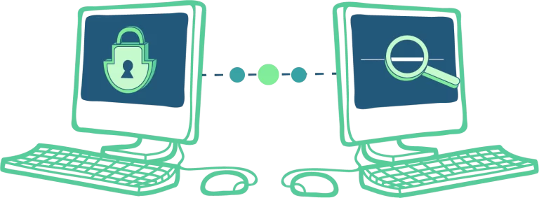 illustration de deux ordinateurs connectés, l'un des deux est verrouillé/protégé car il a IP Shield Pro et il inspecte l'adresse IP du deuxième ordinateur